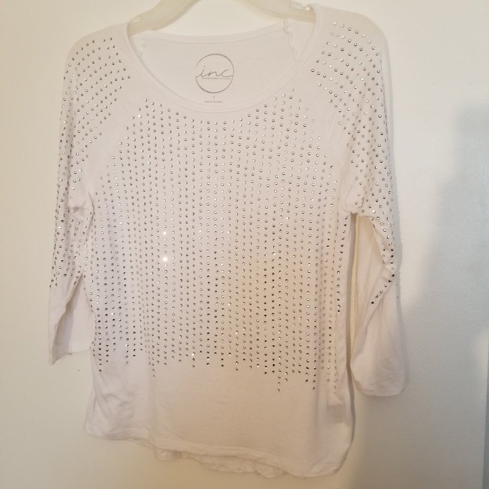 INC White Embellished 3/4 Sleeve Top Size S